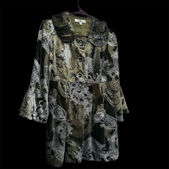 IC Paris Velvet olive Green Silver Paisley Print Silk Blazer Dressy Coat Size 4 - Picture 7 of 9